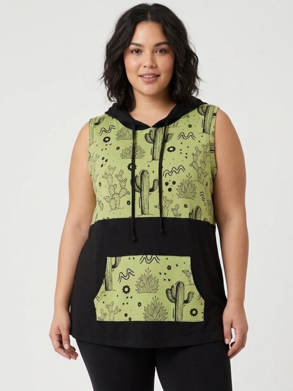 LuLaRoe Black & Green Cactus Print "Brittany" Hooded Tank Tops Size Large NWT